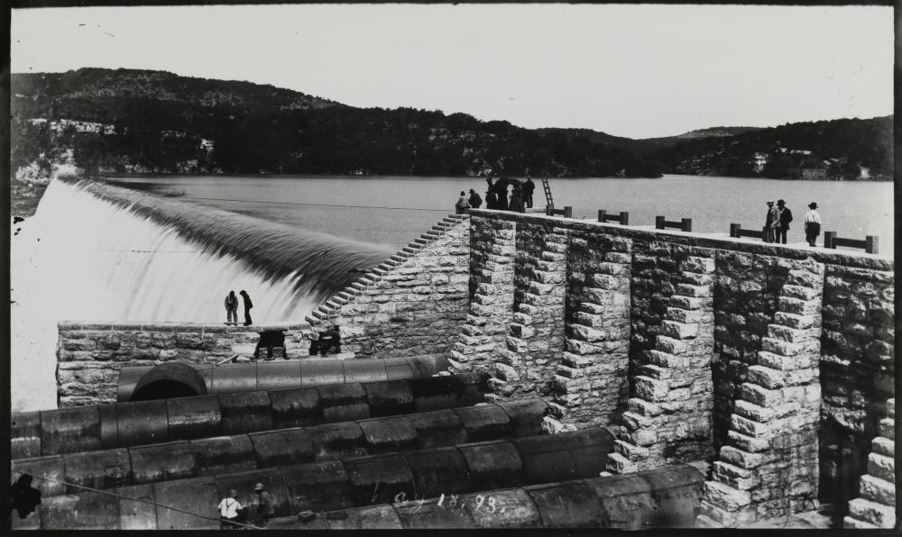 Historic image of one of the dams along the Colorado River in Austin, Texas.