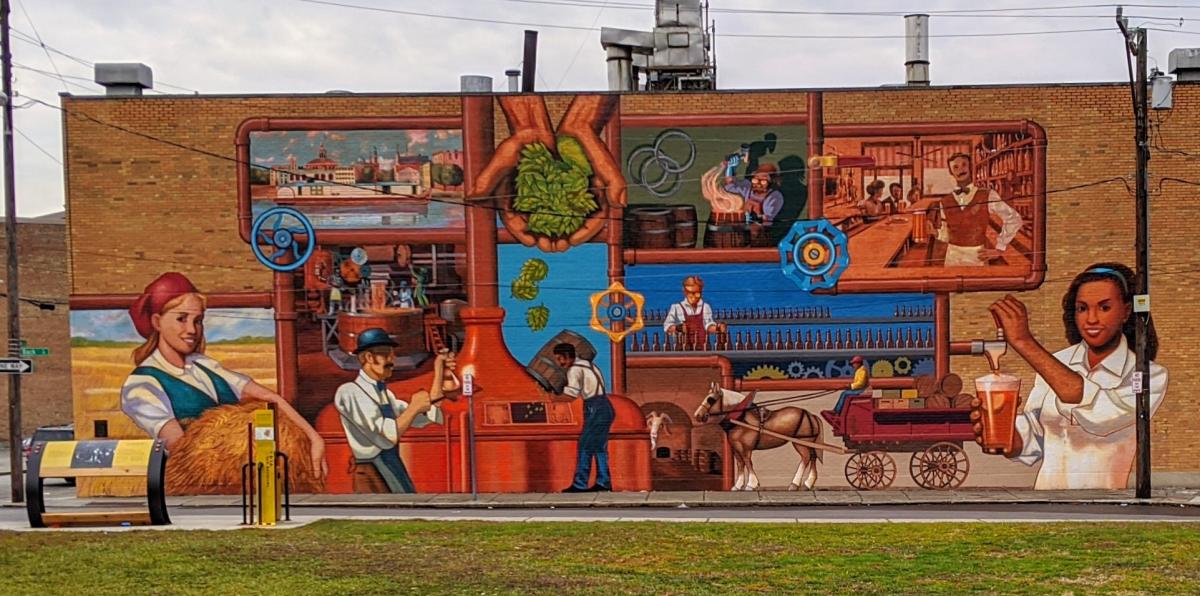 A mural depicting the history of brewing beer in Cincinnati