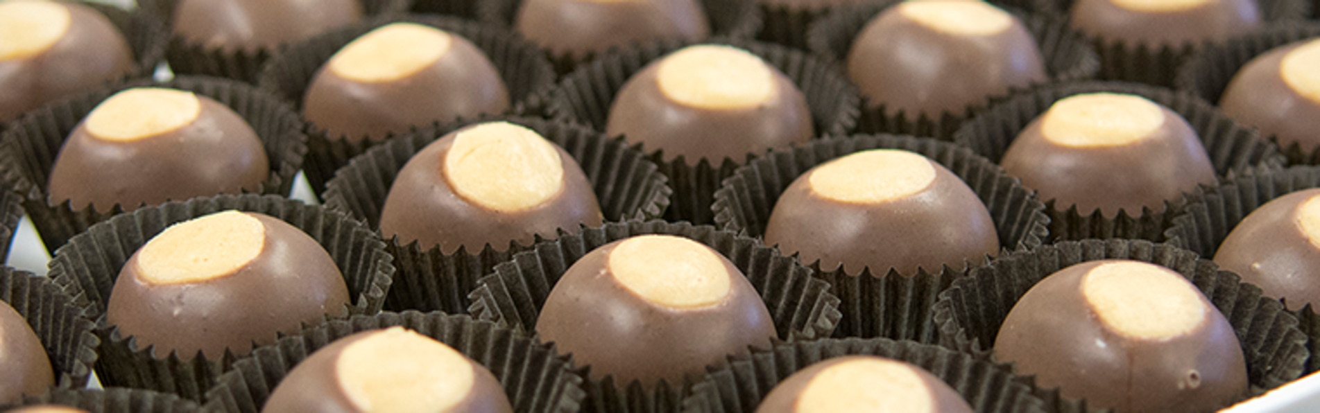 Tray of chocolate and peanut butter Buckeye treats from Krema Nut Company