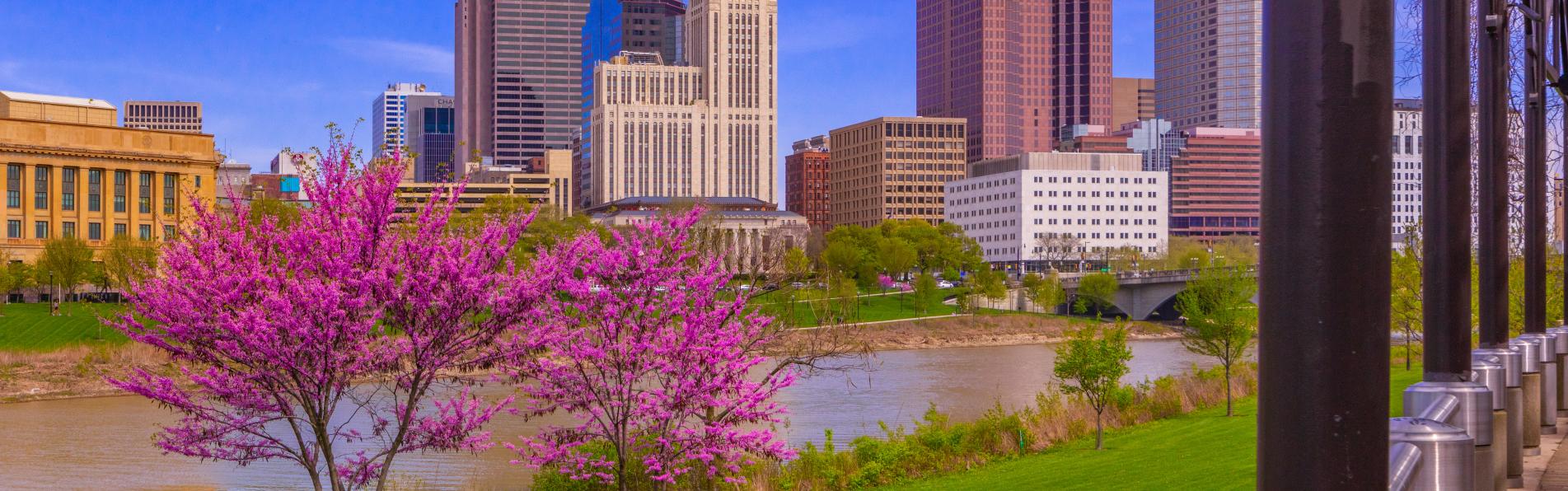 Columbus skyline along the Scioto Mile during spring with blooming pink trees
