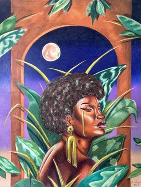 A painting of a black woman crying