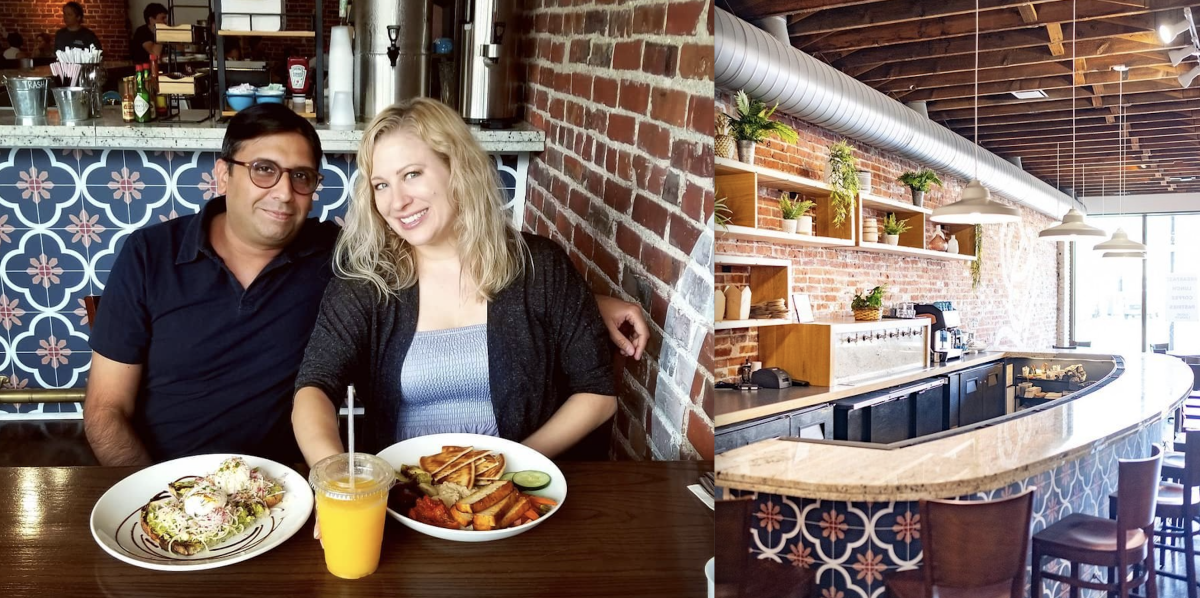 A Split Photo Of The Bar and A Couple At Good Lookin' Cafe in Omaha, NE