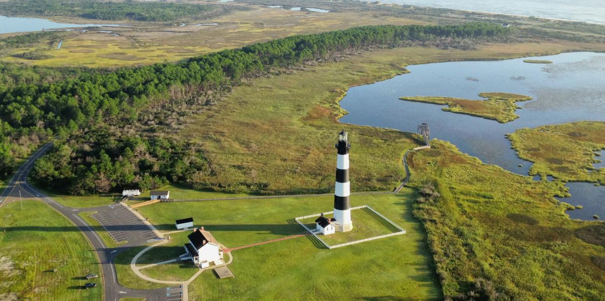 A birds eye view above the Bodie Island Lighthouse.