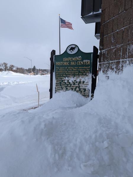 Sign for the US Ski and Snowboard Hall of Fame in Ishpeming, MI