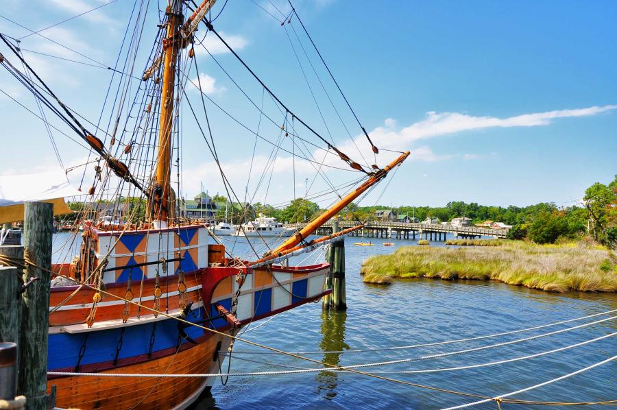 The Elizabeth II is a replica ship docked in Shallowbag Bay on Roanoke Island, North Carolina.