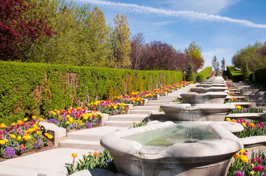 Descending bath fountains surrounded by colorful tulips