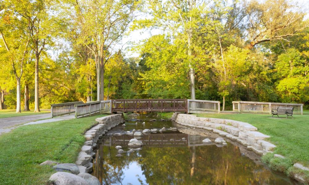 Wooden bridge connecting two bodies of grass with paved pathways. Water flows from the river underneath the bridge and between the two bodies of grass. Trees span the background, the sun hits the trees making a light green tone.
