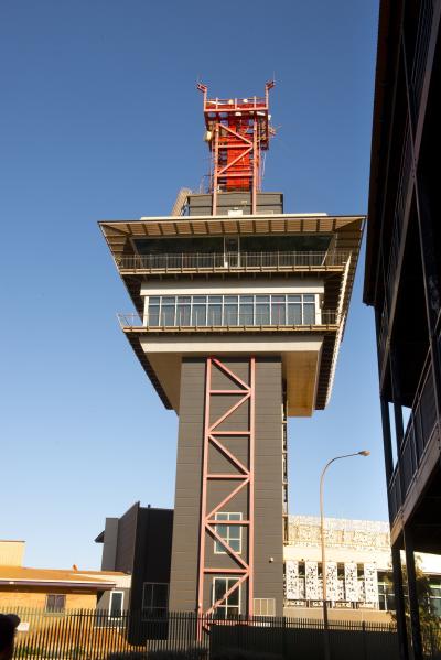 Viewed from the street, the Port Control Tower has a wide viewing level at the top of the tower