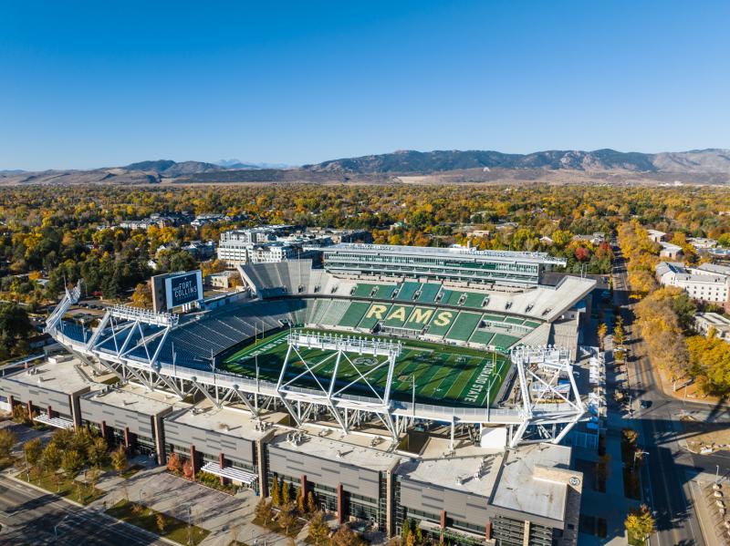 Drone aerial shot of Canvas Stadium at Colorado State University