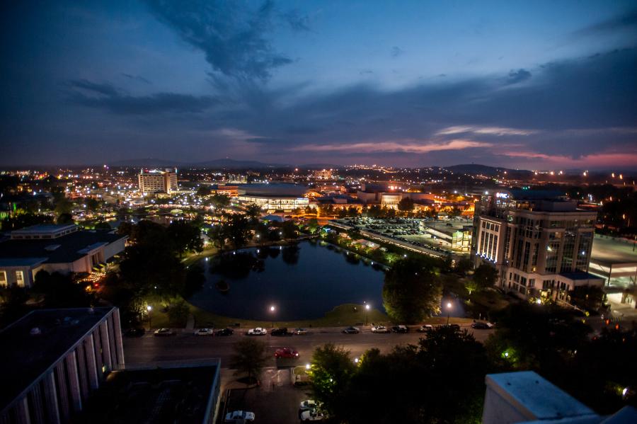 The sun sets over Big Spring Park in downtown Huntsville, Alabama.