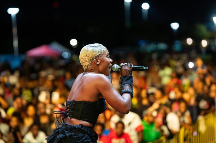 A woman singing into a mic in front of a large outdoor crowd, taken from behind her.