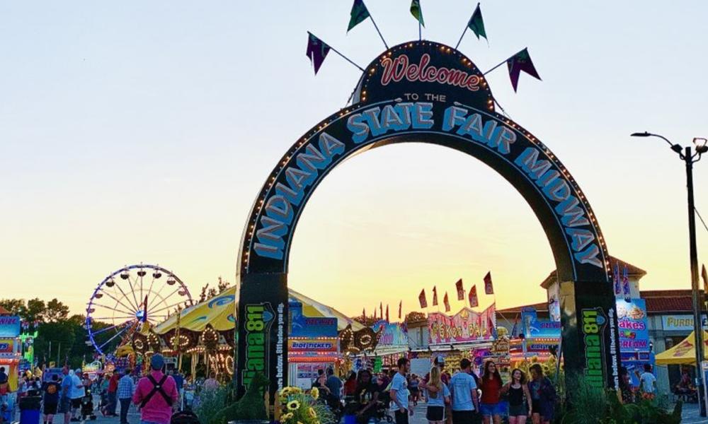 Indiana State Fair midway at sunset