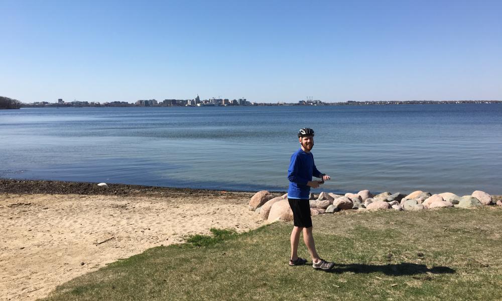 Taking a break from the bike path along the lakefront