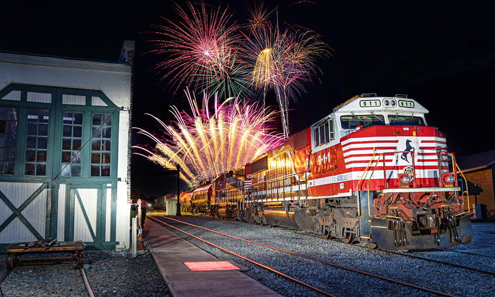 Fireworks at the behind a train at the N.C. Transportation Museum