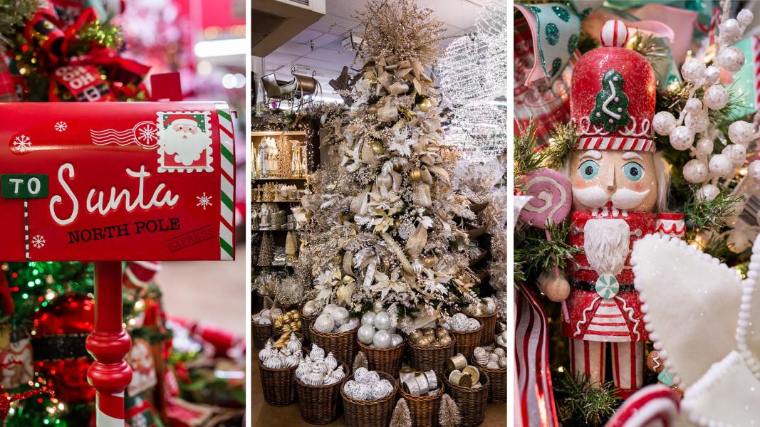 Photo collage from Decorator's Warehouse with Santa mailbox, Christmas tree and nutcracker