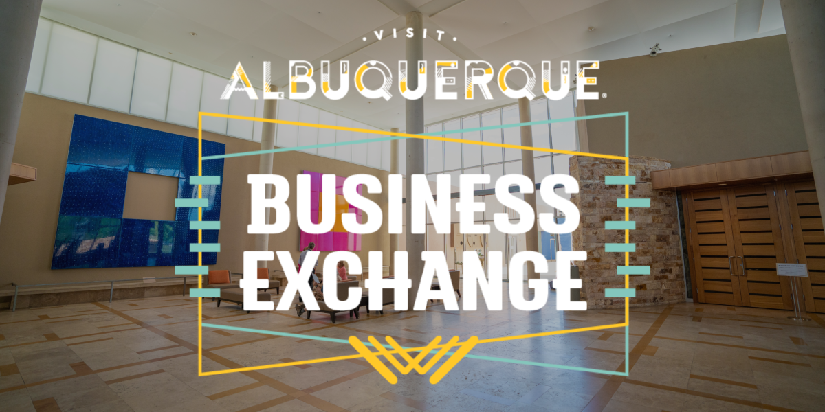 A photo of the Albuquerque Museum lobby with the logo for the Visit Albuquerque Business Exchange overlaid.