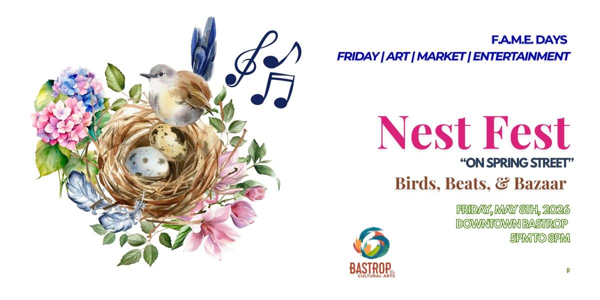Event graphic for Friday Art Market and Entertainment Day's event Nest Fest on Friday, May 8, 2026 from 5pm to 8pm.