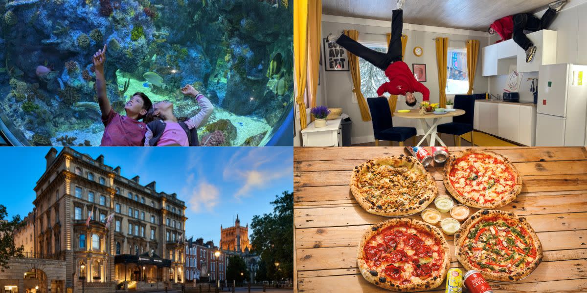 Two children at Bristol Aquarium, two teenagers taking a picture at Upside Down House, Marriott Royal Bristol exterior and Pizzarova Park Street exterior