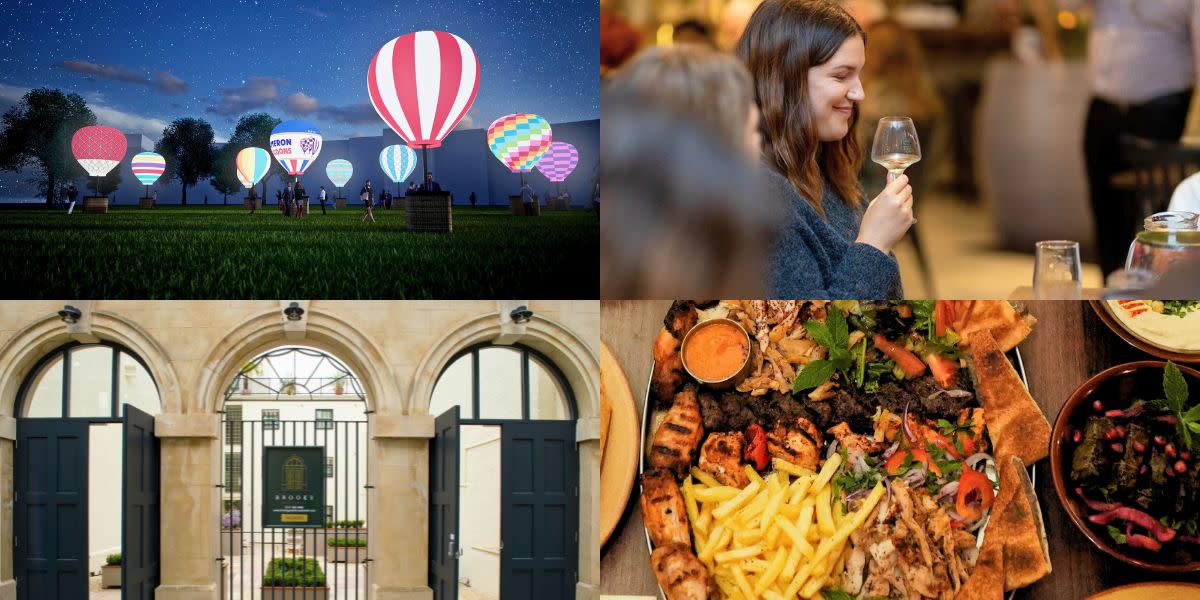 Bristol Light Festival - Cameroon Balloons - artist illustration, Someone drinking wine at Le Vignoble, Brooks Guest House exterior and food at Lamaya