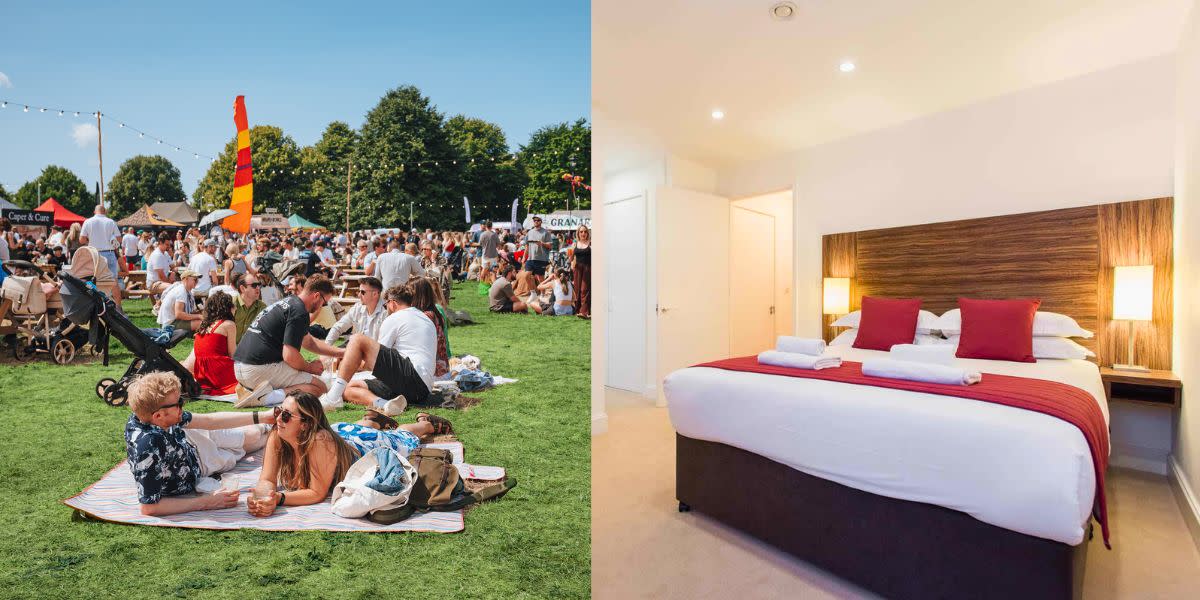 The Sound of The West End Musicals 31.07.25 Clifton Downs poster, people enjoying a festival on The Downs, one bed apartment at Premier Suites bedroom and living room