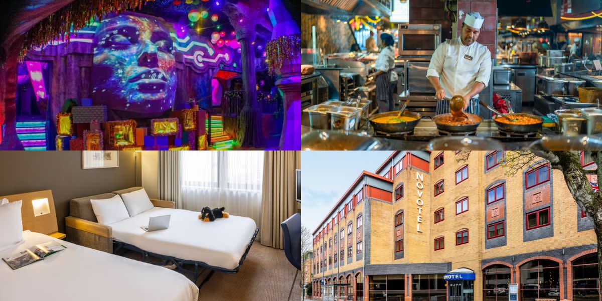 Festive room at Wake The Tiger, chef cooking curries at ZaZa Bazaar, Novotel Bristol family bedroom and exterior