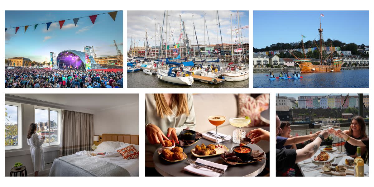 Harbour Festival stage, boats by Bristol Harbour, kayakers by The Matthew, person enjoying the view at The Bristol, picky bits and cocktails at The Bristol and group of friends enjoying the terrace at Harbour House