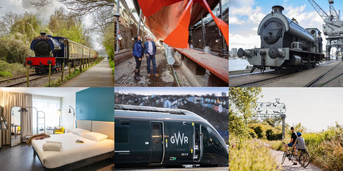 Traditional steam train at Avon Valley Railway, dry dock at Brunel's SS Great Britain, Ibis Bristol Temple Quay KAI bedroom, Avon Valley Railway traditional cream tea experience, GWR train coming into Bristol, two people on a bike along the Strawberry Line