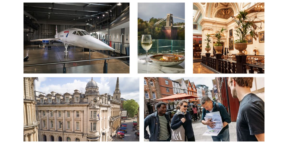 Concorde at Aerospace, a meal from Hotel du Vin with view of the Clifton Suspension Bridge, Cosy Club interior, Harbour Hotel Bristol exterior and Bristol Film and TV walking tour