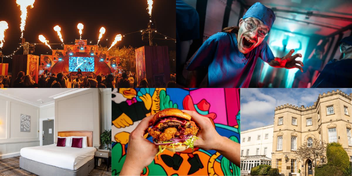 FEAR Avon Valley stage and actor at scare maze, bedroom at Arnos Manor Hotel, Burger Theory Burger, Exterior of Arnos Manor Hotel