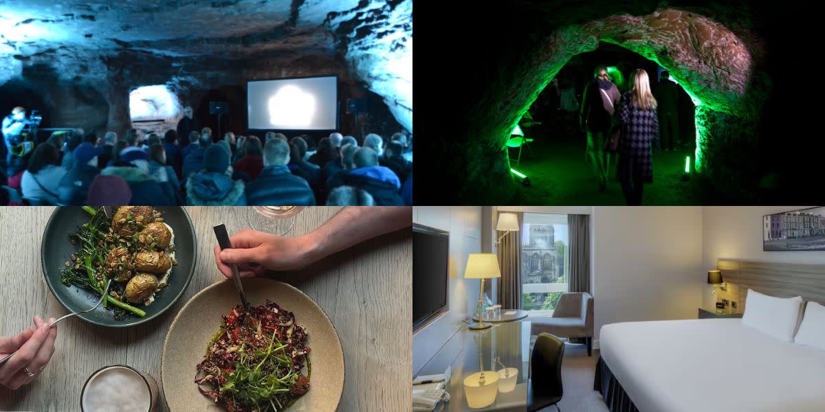 Horror in the Caves, people walking through Redcliffe Caves, Christmas Steps pub meal and DoubleTree by Hilton City Centre