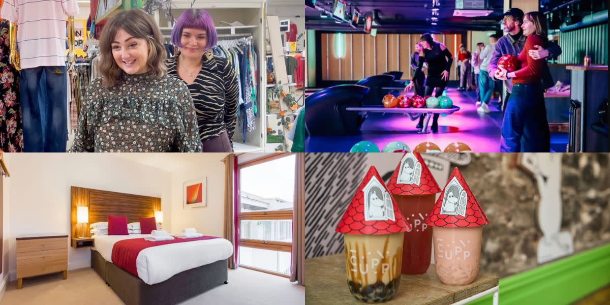 Person being styled by Clothemod, couple playing bowling, a Premier Suites Cabot Circus bedroom and three moomin boba tea