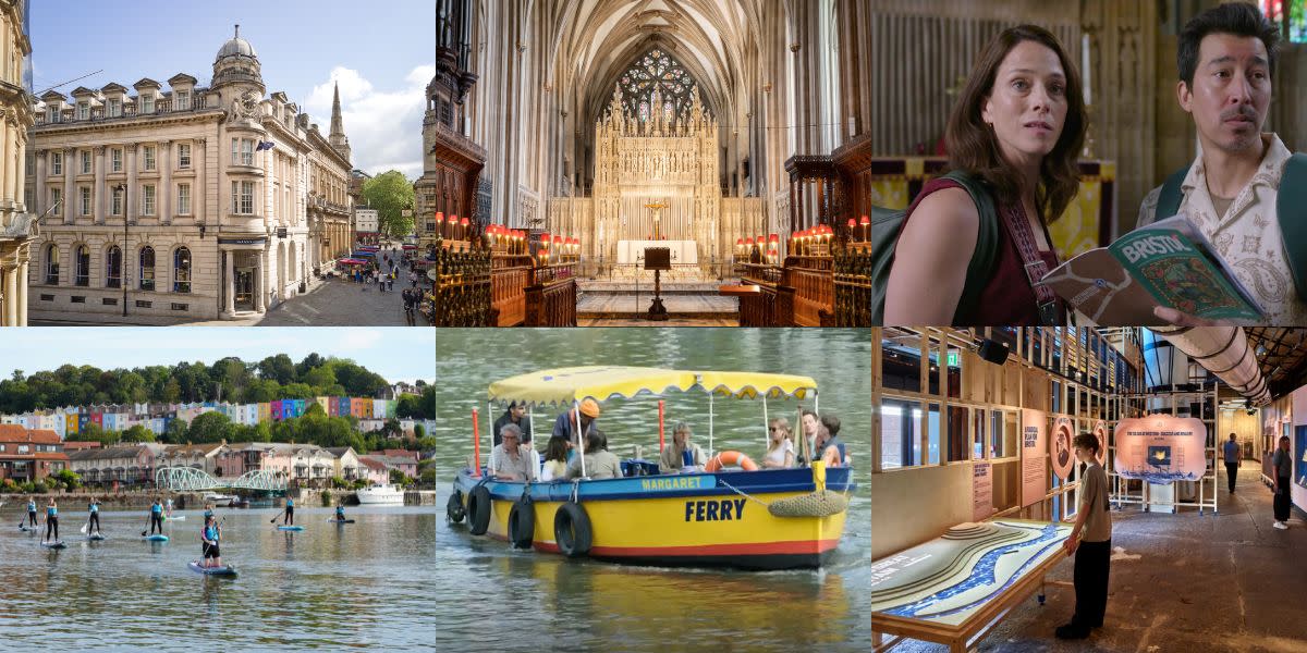 An image of exterior of Harbour Hotel, interior of Bristol Cathedral, Scones with cream and jam from Pinkmans, Kayakers by The Matthew, image of actors on Bristol Ferry, SS Great Britain