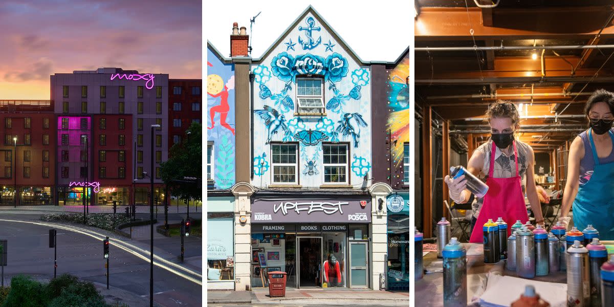 Moxy Hotel exterior at sunset, Upfest Gallery exterior and two people taking part in a graft graffiti workshop