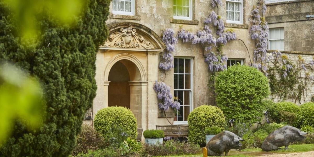 The entrance to The Pig Near Bath with wisteria