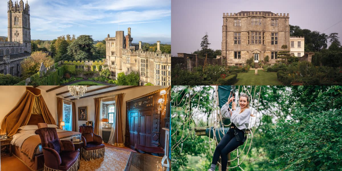 Thornbury Castle exterior and gardens, Thornbury Castle bedroom, Newark Park and Mojo Active High Ropes