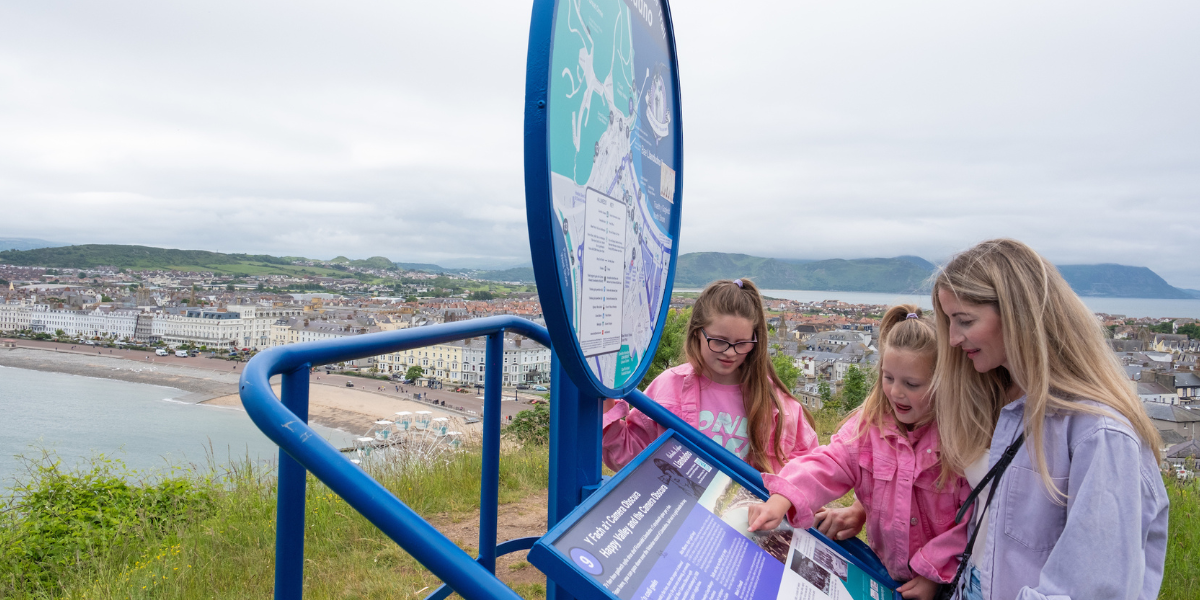 Children looking at one of the signs along the Llandudno Heritage Trail