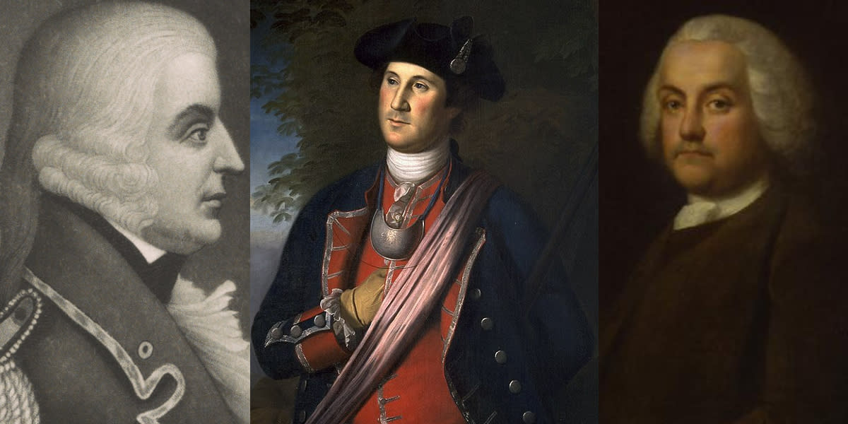 Image of General Edward Braddock, Colonel George Washington, and Postmaster Benjamin Franklin