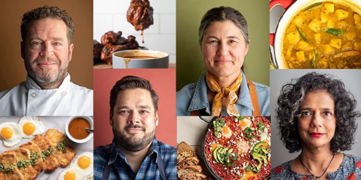 A collage featuring three chefs and three corresponding dishes. From left to right: a male chef in a white coat next to a plate of eggs and schnitzel with gravy; a man in a plaid shirt beside fried chicken being dipped in sauce; a woman in a denim jacket and scarf next to a colorful salad bowl with avocado and grains; and a woman with curly hair in a floral blouse beside a bowl of yellow curry with vegetables. Each portrait pairs with a dish that reflects their culinary style.