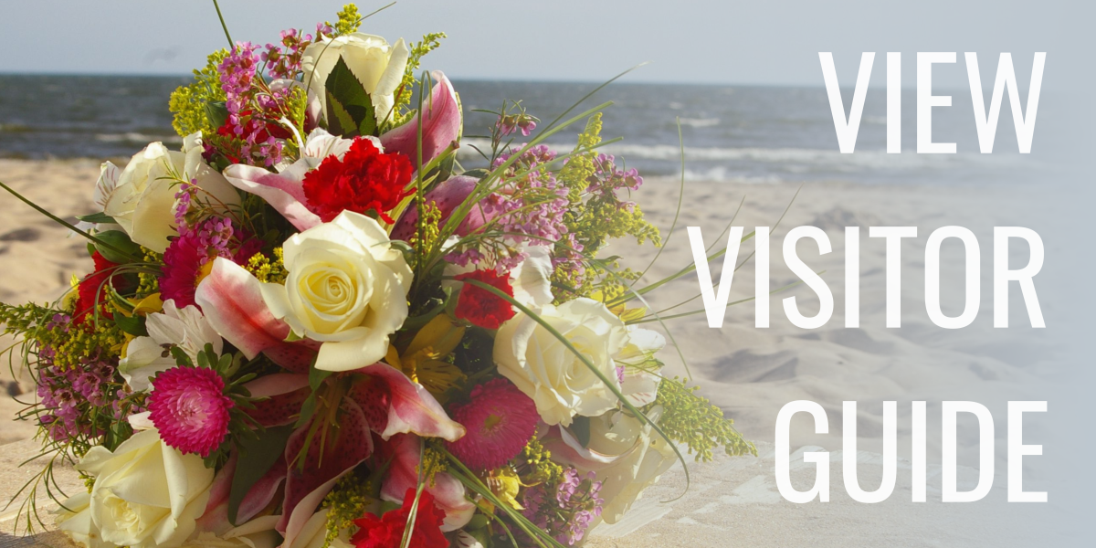 A colorful bouquet with roses and other flowers lies on a sandy beach with ocean waves in the background. The words "View Visitor Guide" are overlaid.