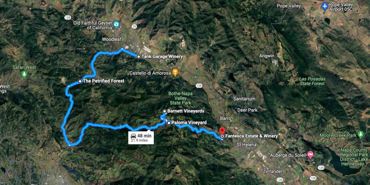 A Google Maps screenshot of the route from Calistoga to Spring Mountain in Napa Valley