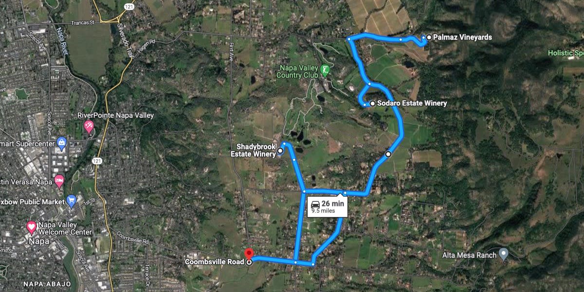 Google Maps screenshot shows a route in and around Coombsville in Napa Valley