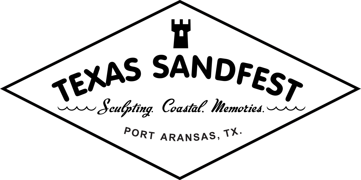 Black outline of a diamond on a white background. Inside the diamond is a black sandcastle icon and text reading "Texas SandFest. Sculpting. Coastal. Memories. Port Aransas, TX"