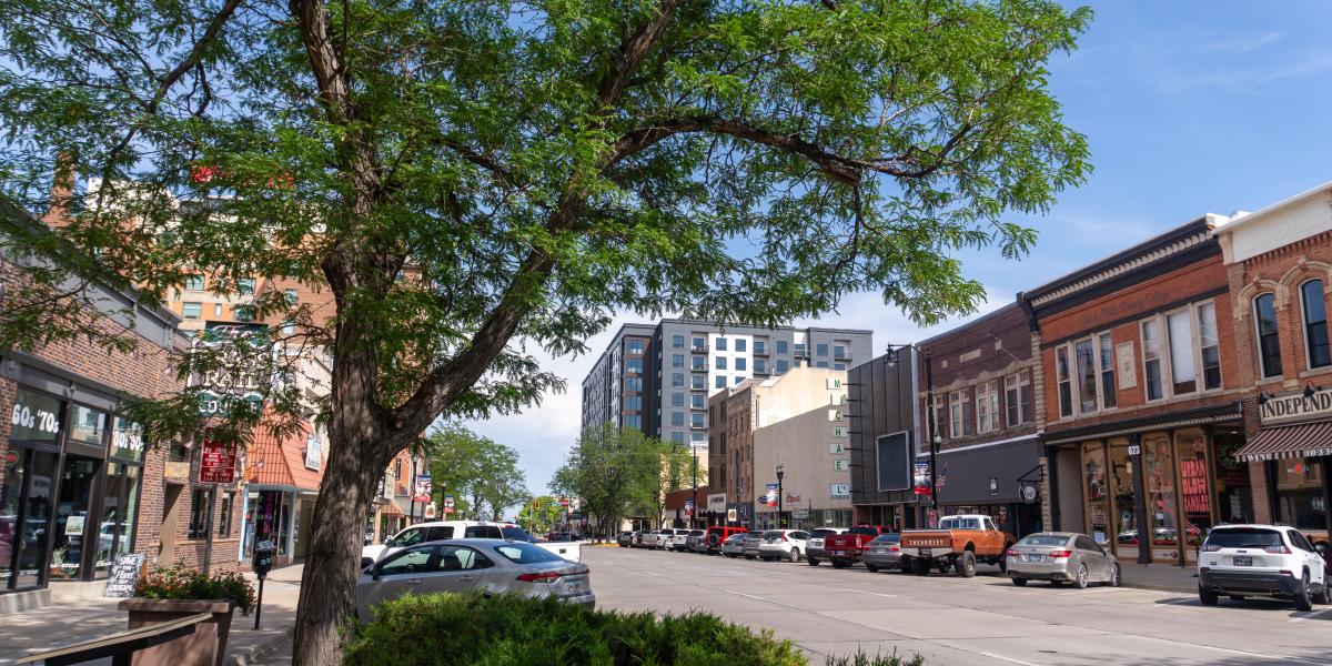 St. Joseph Street in downtown Rapid City with brick buildings, leafy trees and parked cars under a clear blue sky. The scene conveys a vibrant, sunny atmosphere.