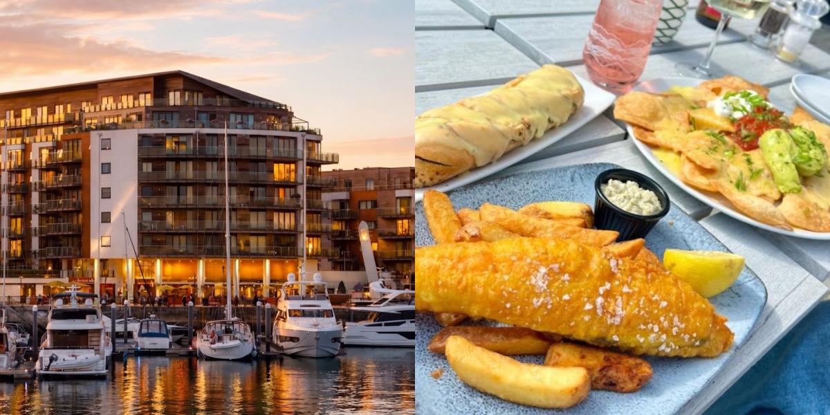 Banana Wharf fish and chips platter alongside view of restaurant at Ocean Village Marina at sunset