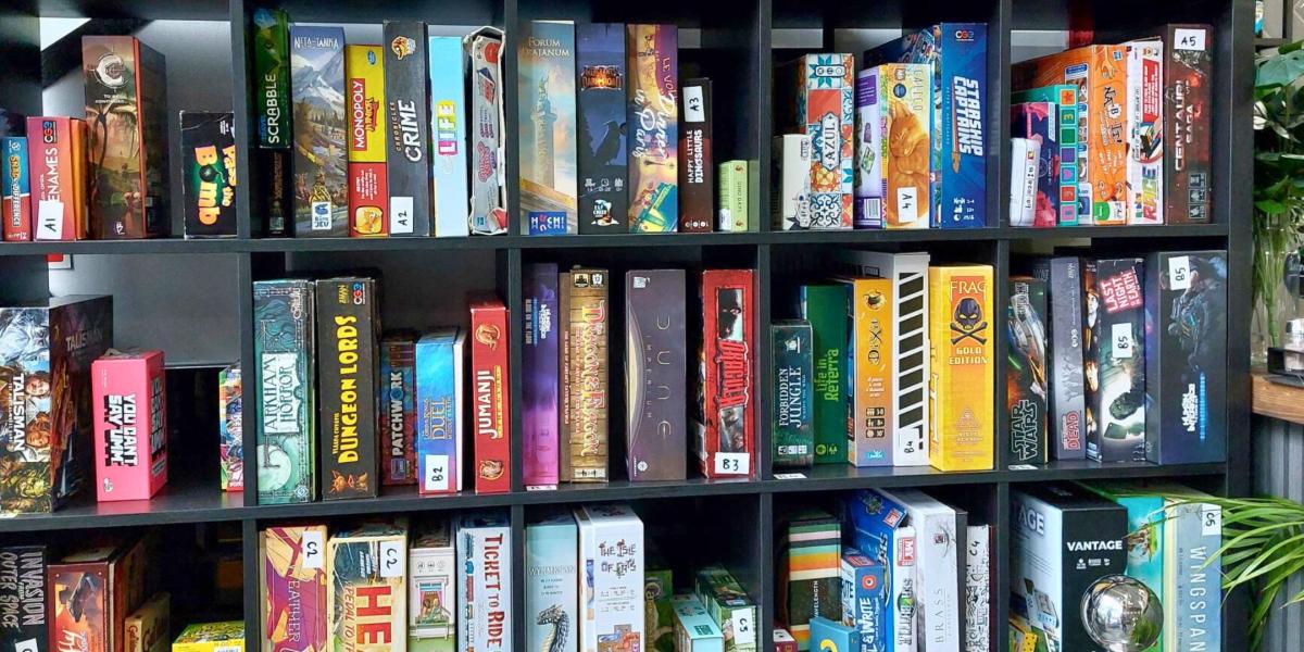 Board game collection at Dice & Dumplings