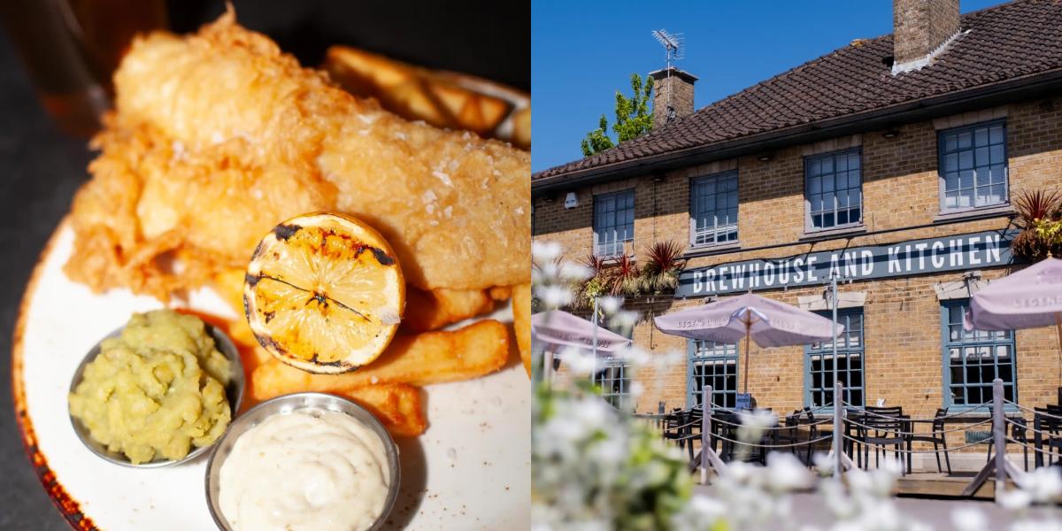 Brewhouse & Kitchen fish and chips with grilled lemon with side of mushy peas and tartar sauce