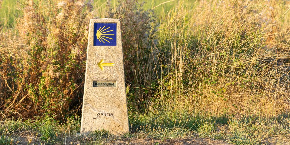 Camino milestone standing on grassy pathway