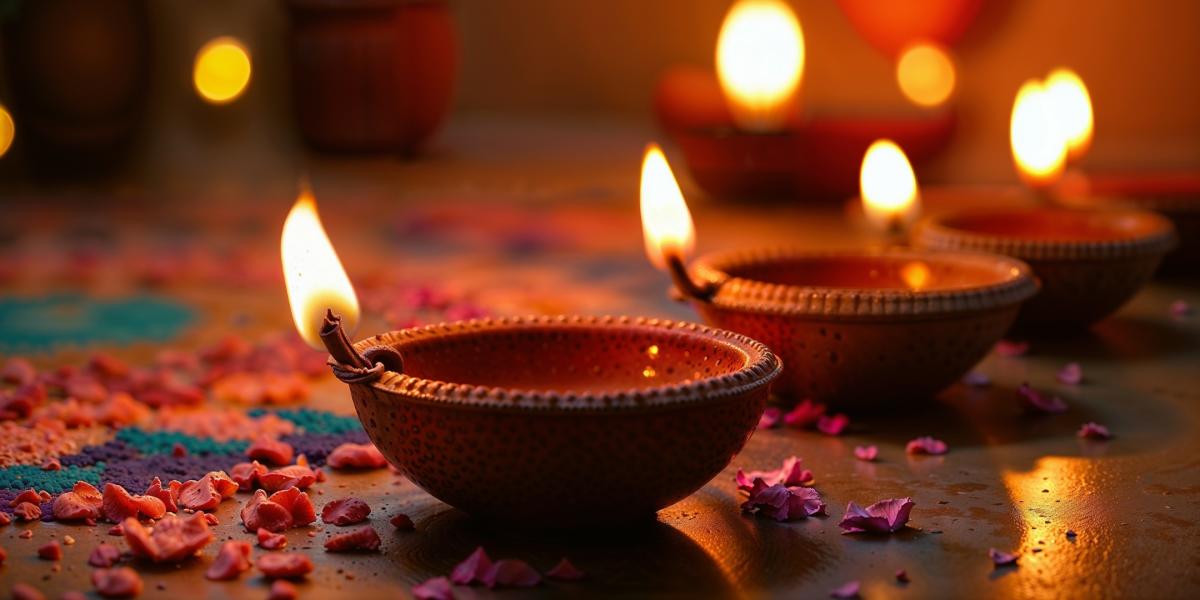 Lamps light up for Diwali around colourful powders