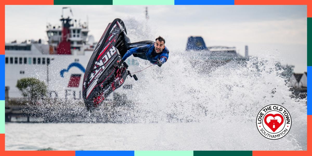 Man on jet ski jumping in air at Southampton International Boat Show