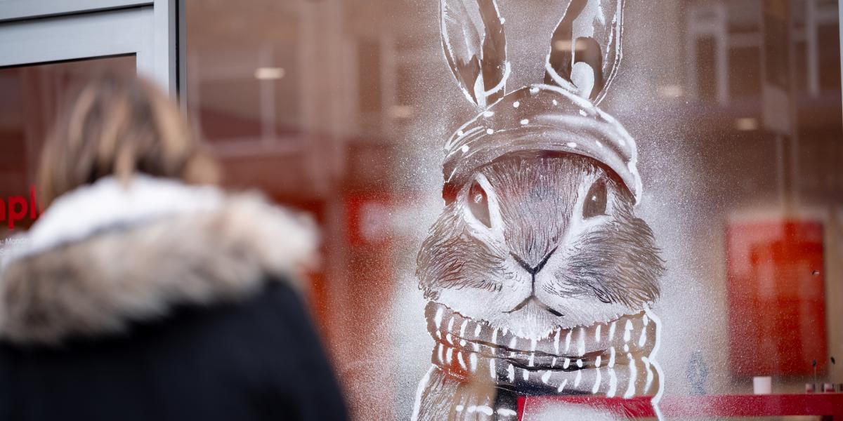 Snow painting of a rabbit wearing a hat and scarf created by artist Tom Baker from Snow Windows